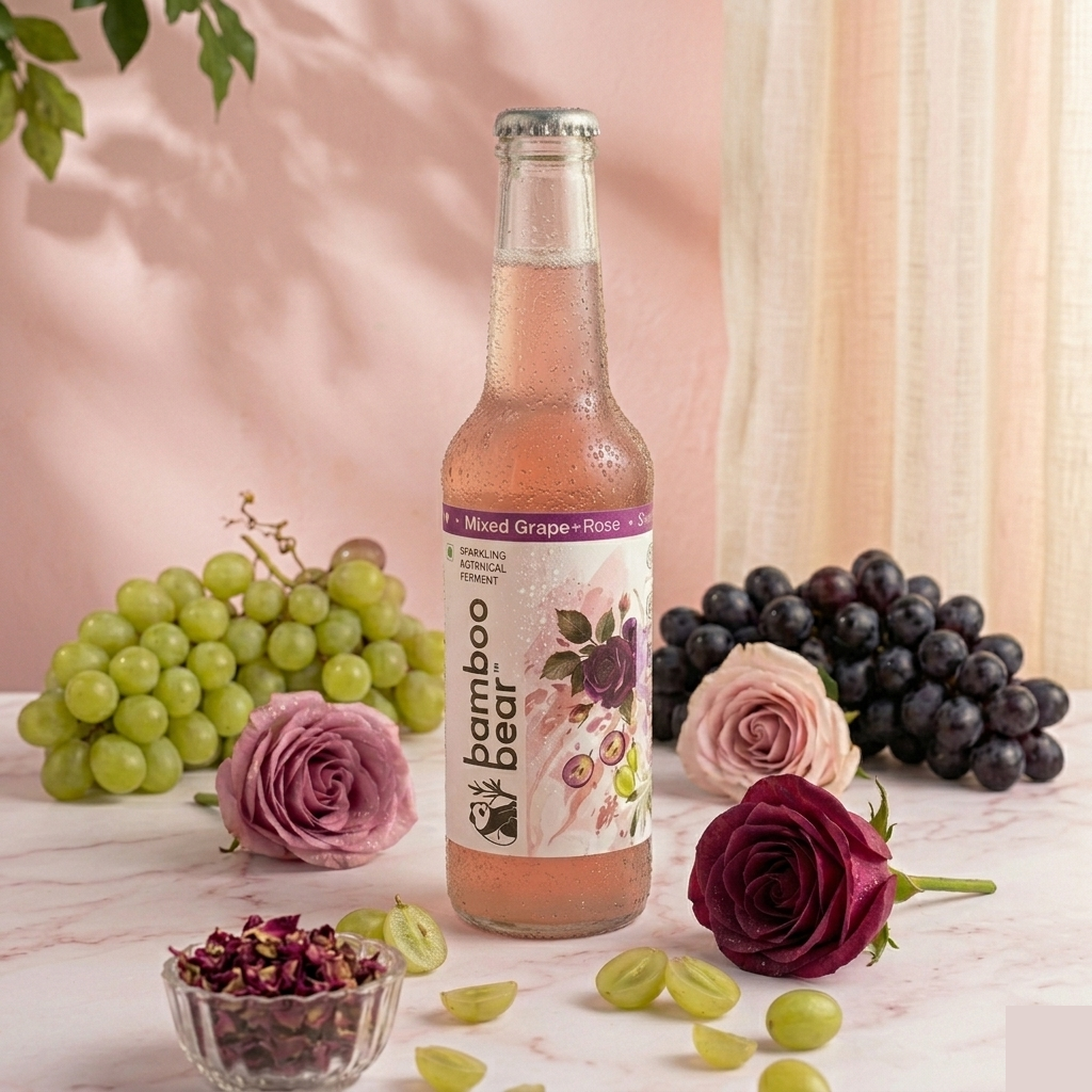 Bamboo Bear Mixed Grape and Rose bottle with green grapes, black grapes, and fresh rose petals.