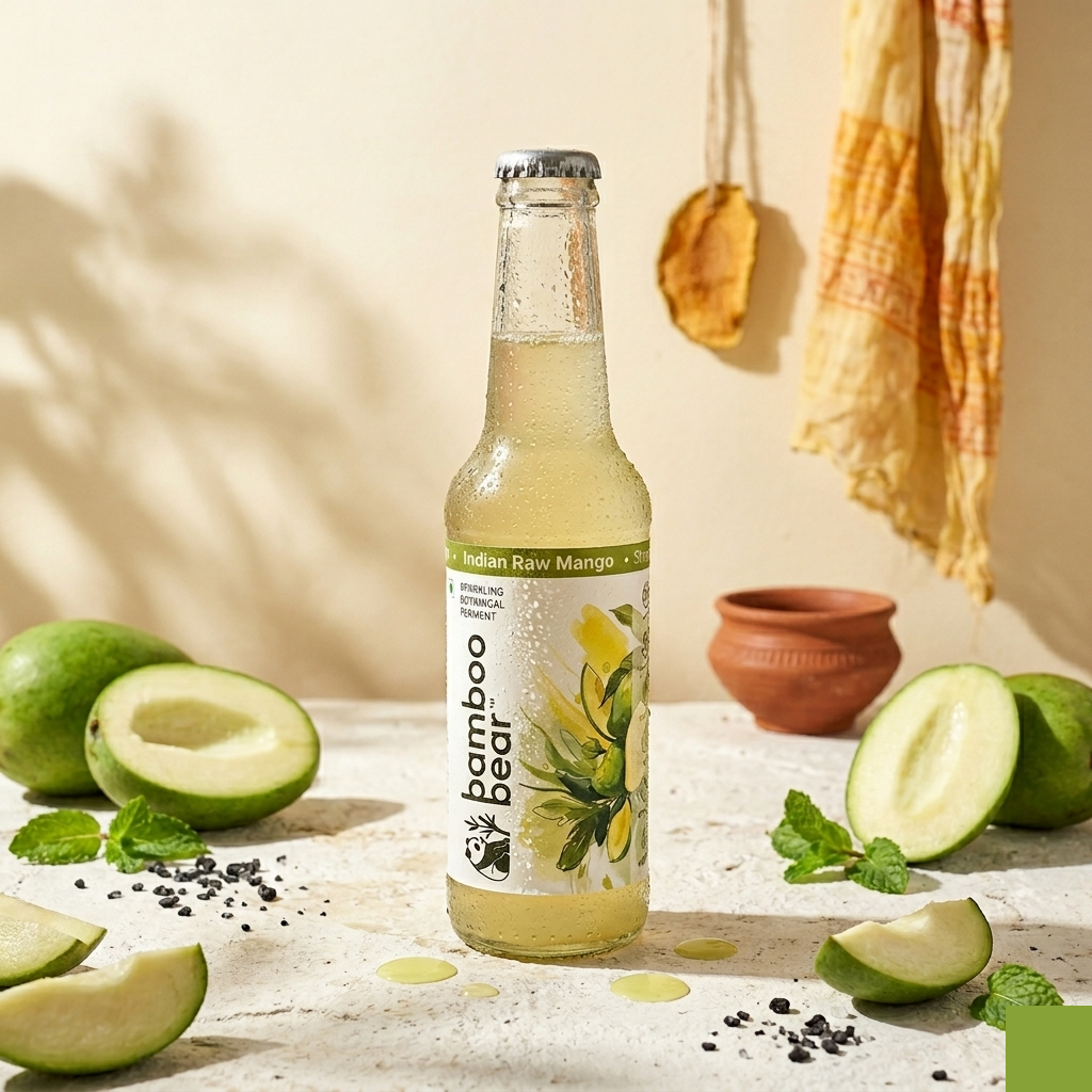 Bamboo Bear Indian Raw Mango bottle with green mangoes, mint leaves, and black salt.